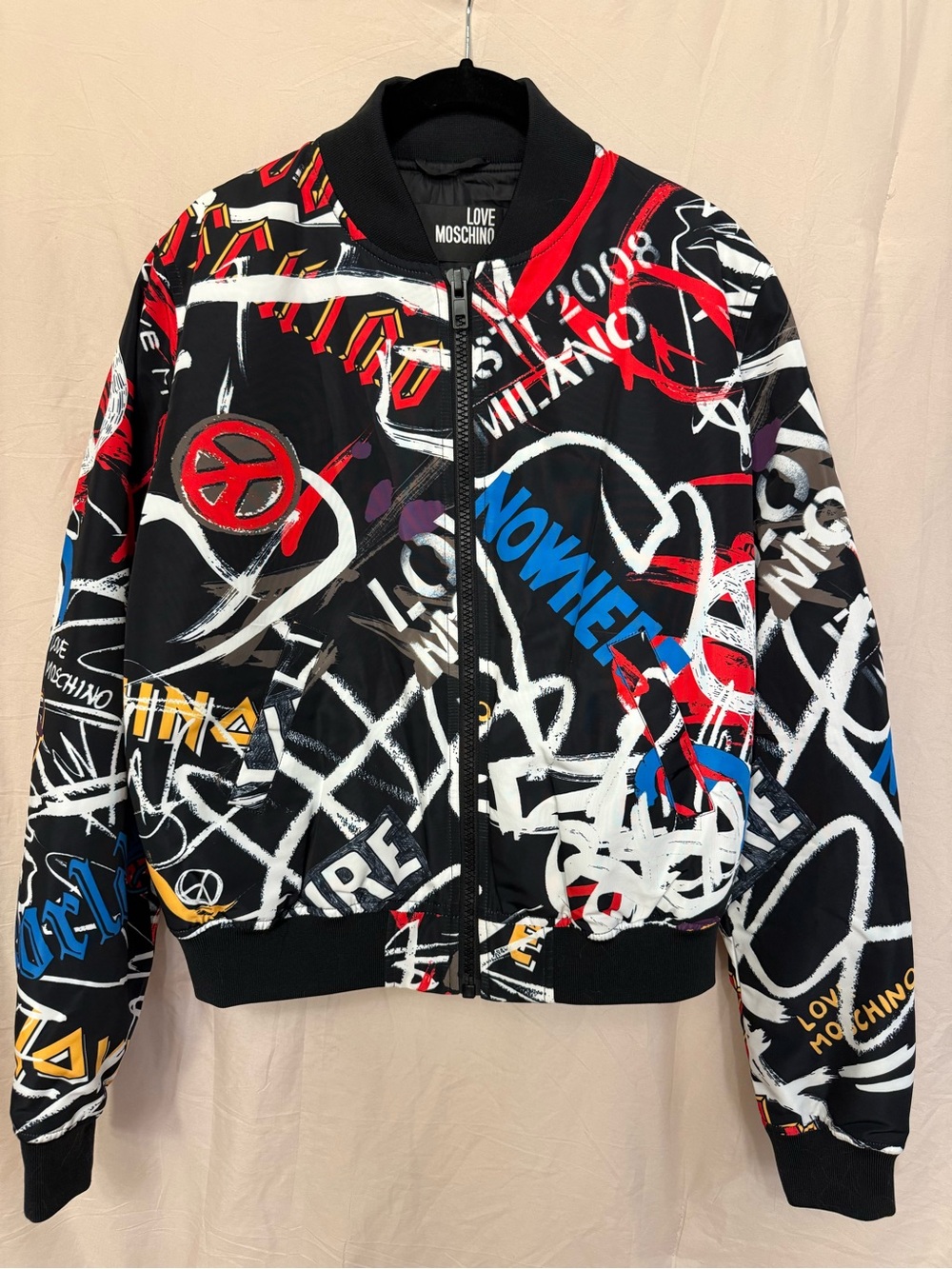 RARE Love Moschino Graffiti Print Bomber Jacket Multicolor